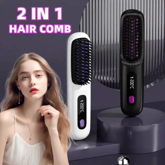 2 In 1 Straight Hair Comb Wireless Hair Straightener Brush Hair Fast Heating Portable Hot Curler USB Charging - Rafaga1