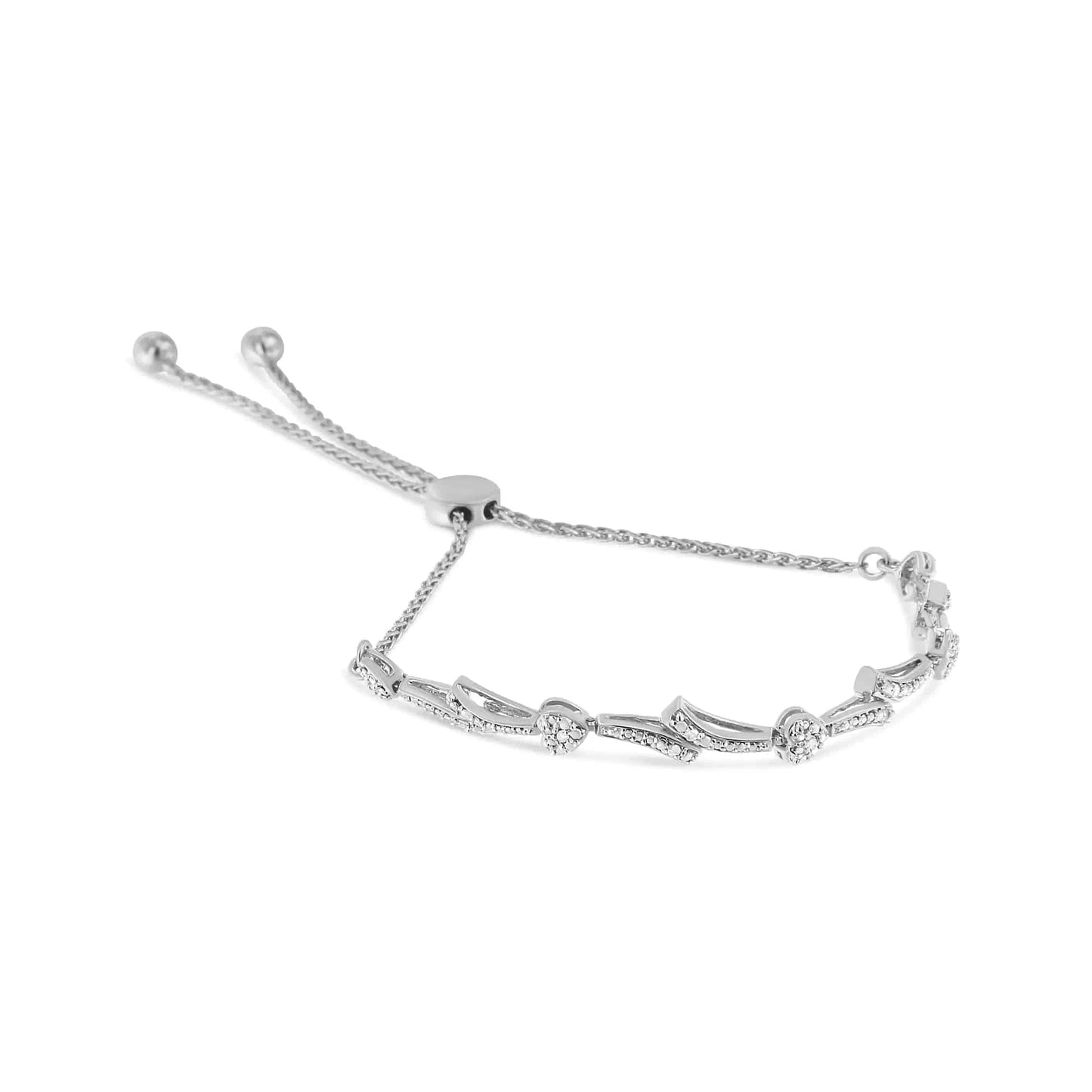 925 Sterling Silver Diamond Heart & Wave Link Bolo Bracelet, Adjustable 6"-9" (I-J Color, I2-I3 Clarity) - Rafaga1