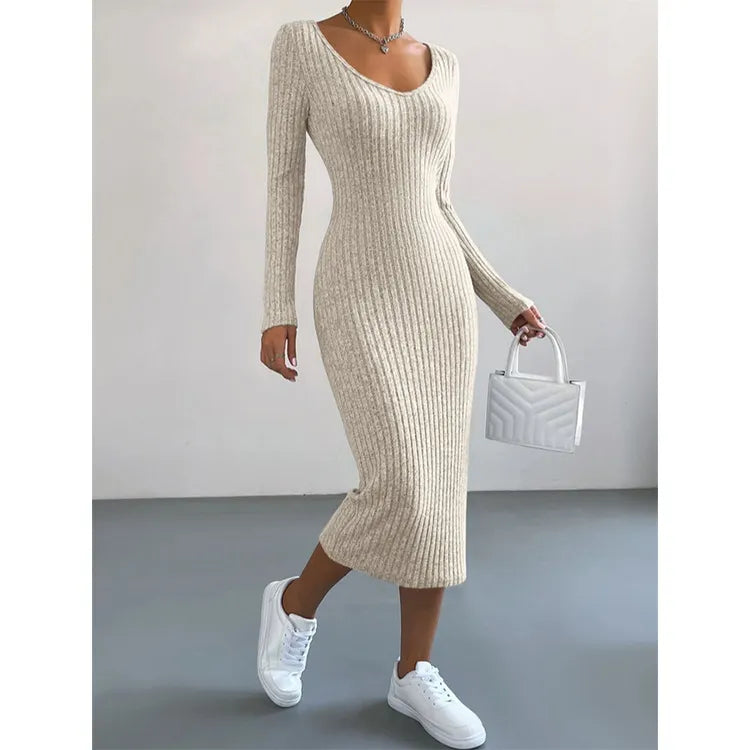 Women's Fashion Knitted U-neck Long-sleeved Tight-fitting Dress - Rafaga1