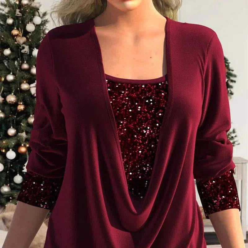 Sequin-Stitched U-Neck Long-Sleeve Top - Rafaga1