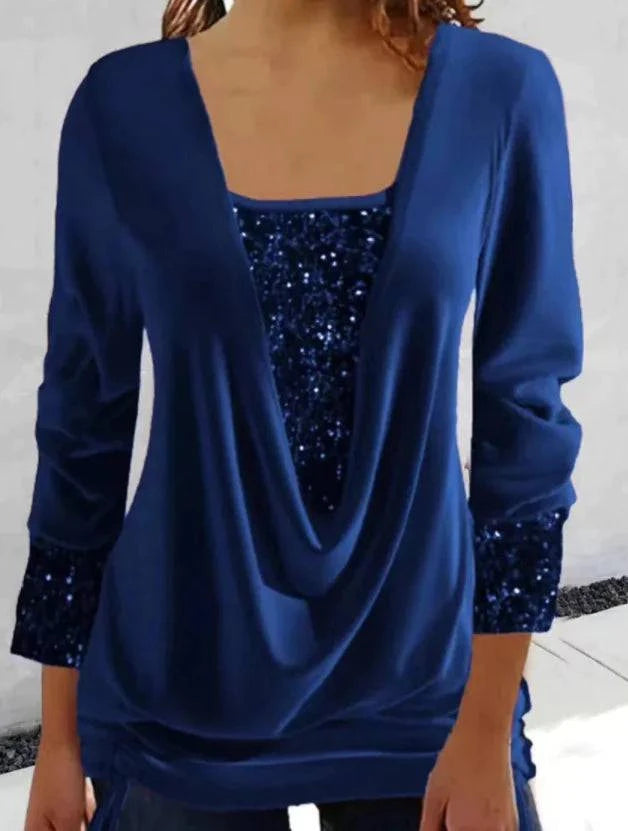 Sequin-Stitched U-Neck Long-Sleeve Top - Rafaga1