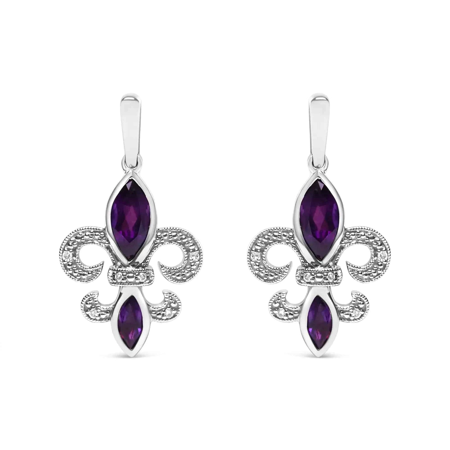 .925 Sterling Silver Marquise Cut Amethyst and Diamond Accent Fleur De Lis Dangle Stud Earrings (H-I Color, SI1-SI2 Clarity) - Rafaga1