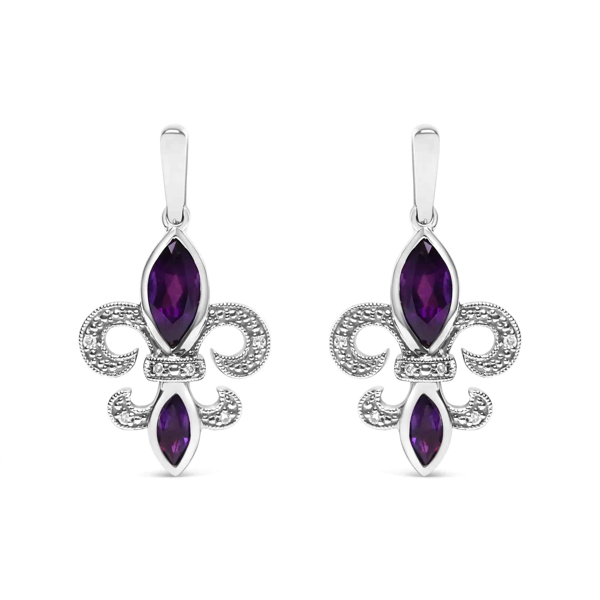 .925 Sterling Silver Marquise Cut Amethyst and Diamond Accent Fleur De Lis Dangle Stud Earrings (H-I Color, SI1-SI2 Clarity) - Rafaga1