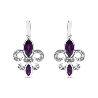 .925 Sterling Silver Marquise Cut Amethyst and Diamond Accent Fleur De Lis Dangle Stud Earrings (H-I Color, SI1-SI2 Clarity) - Rafaga1