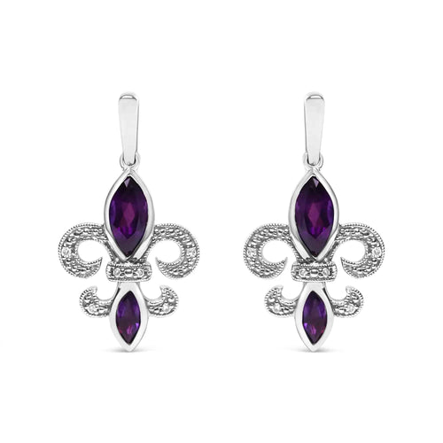 .925 Sterling Silver Marquise Cut Amethyst and Diamond Accent Fleur De Lis Dangle Stud Earrings (H-I Color, SI1-SI2 Clarity) - Rafaga1