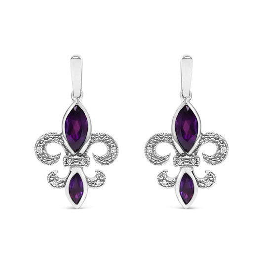 .925 Sterling Silver Marquise Cut Amethyst and Diamond Accent Fleur De Lis Dangle Stud Earrings (H-I Color, SI1-SI2 Clarity) - Rafaga1