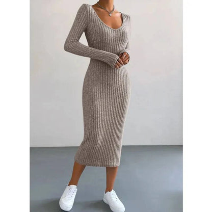 Women's Fashion Knitted U-neck Long-sleeved Tight-fitting Dress - Rafaga1