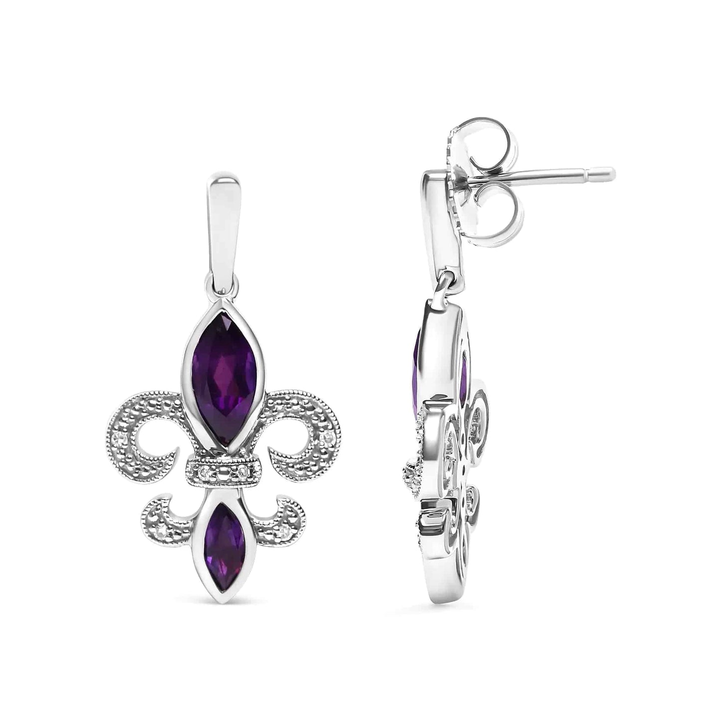 .925 Sterling Silver Marquise Cut Amethyst and Diamond Accent Fleur De Lis Dangle Stud Earrings (H-I Color, SI1-SI2 Clarity) - Rafaga1