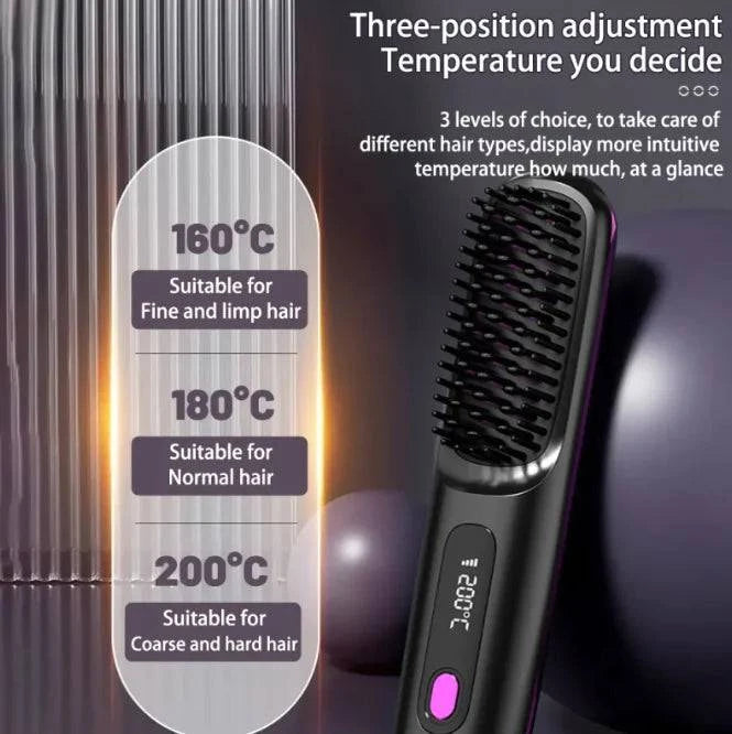 2 In 1 Straight Hair Comb Wireless Hair Straightener Brush Hair Fast Heating Portable Hot Curler USB Charging - Rafaga1