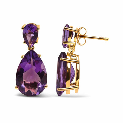 10K Yellow Gold Plated .925 Sterling Silver 12 2/5 Cttw Pear Shaped Purple Brazilian Amethyst Double Dangle and Drop Earring - Rafaga1