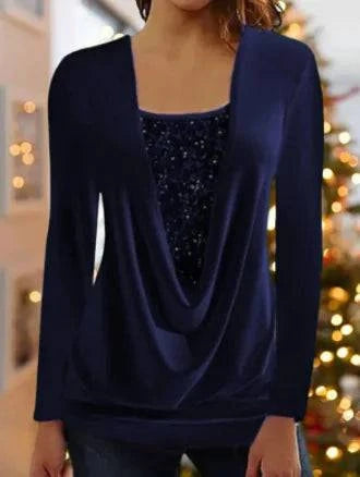 Sequin-Stitched U-Neck Long-Sleeve Top - Rafaga1