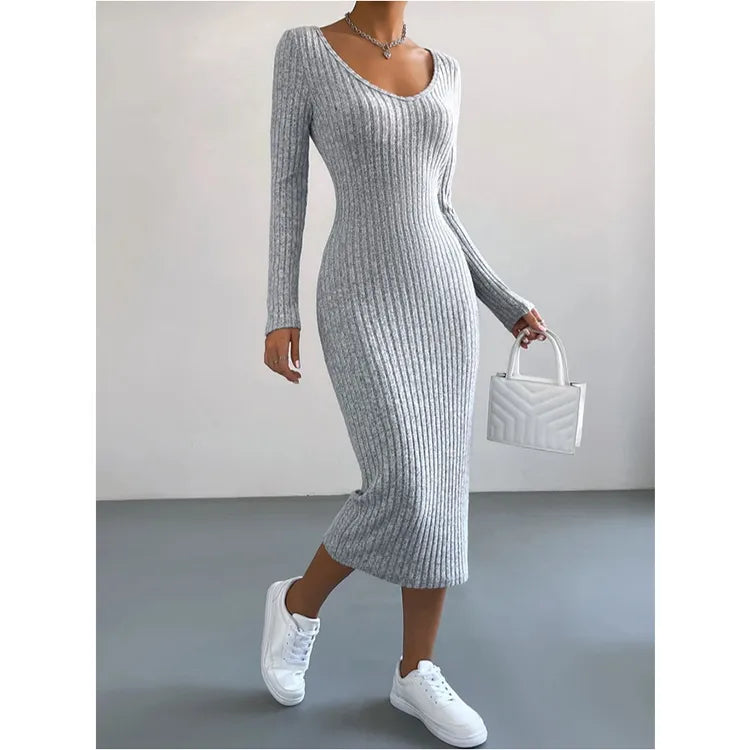 Women's Fashion Knitted U-neck Long-sleeved Tight-fitting Dress - Rafaga1