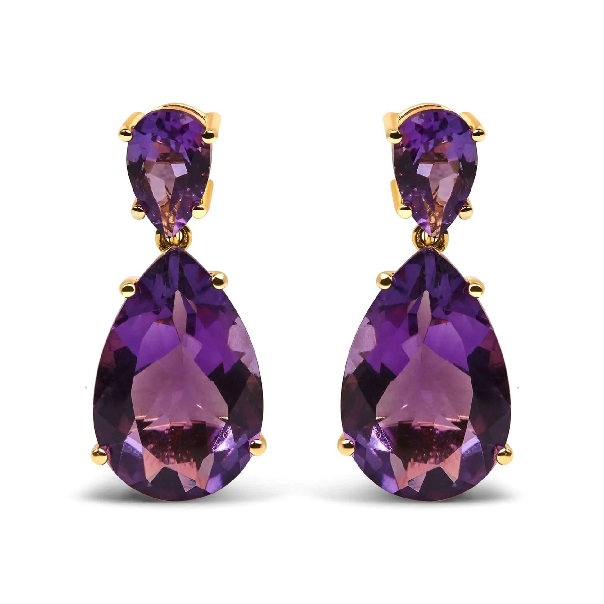 10K Yellow Gold Plated .925 Sterling Silver 12 2/5 Cttw Pear Shaped Purple Brazilian Amethyst Double Dangle and Drop Earring - Rafaga1