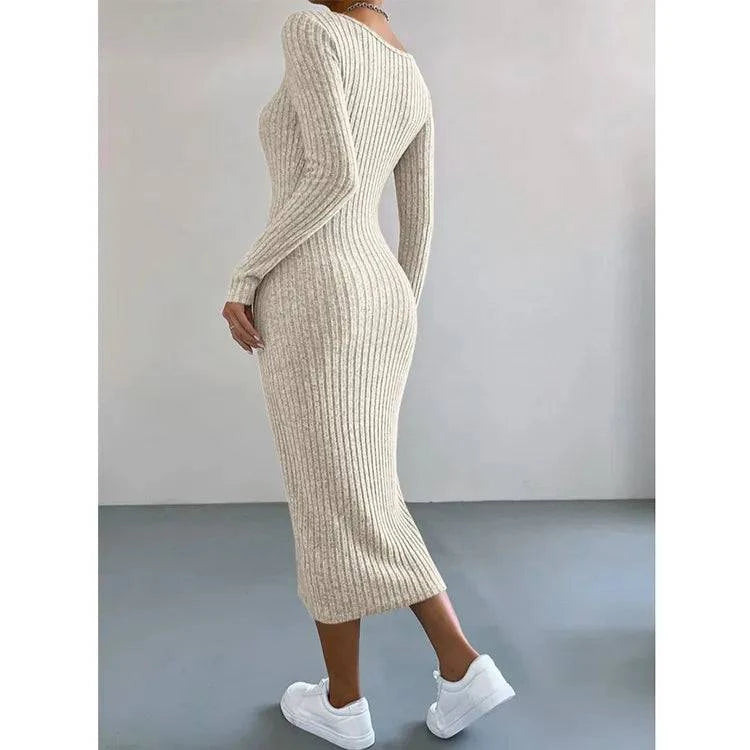 Women's Fashion Knitted U-neck Long-sleeved Tight-fitting Dress - Rafaga1