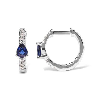 10K White Gold Pear Shaped Blue Sapphire and 1/10 Cttw Diamond Huggy Hoop Earrings (H-I Color, I1-I2 Clarity) - Rafaga1