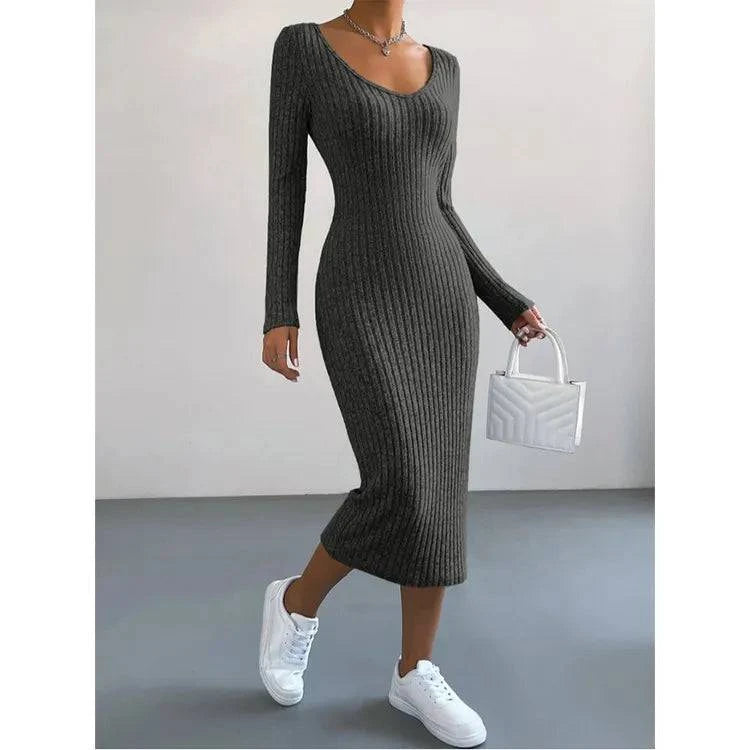 Women's Fashion Knitted U-neck Long-sleeved Tight-fitting Dress - Rafaga1