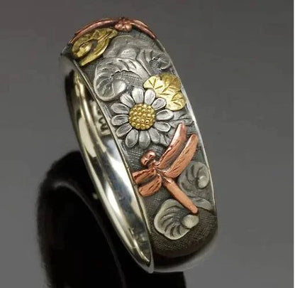 Vintage Dragonfly & Sunflower Carved Ring - Rafaga1