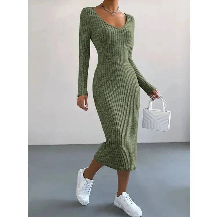 Women's Fashion Knitted U-neck Long-sleeved Tight-fitting Dress - Rafaga1