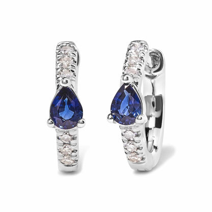 10K White Gold Pear Shaped Blue Sapphire and 1/10 Cttw Diamond Huggy Hoop Earrings (H-I Color, I1-I2 Clarity) - Rafaga1