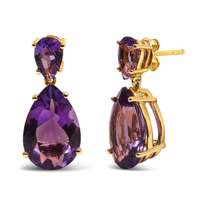 10K Yellow Gold Plated .925 Sterling Silver 12 2/5 Cttw Pear Shaped Purple Brazilian Amethyst Double Dangle and Drop Earring - Rafaga1