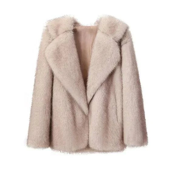 Women's Lapel Leather Fur Coat with Artificial Wool Lining - Rafaga1