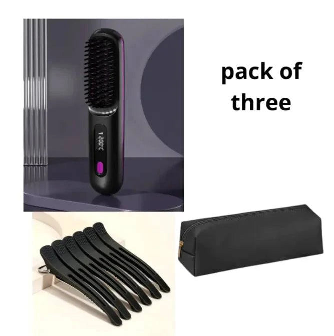 2 In 1 Straight Hair Comb Wireless Hair Straightener Brush Hair Fast Heating Portable Hot Curler USB Charging - Rafaga1