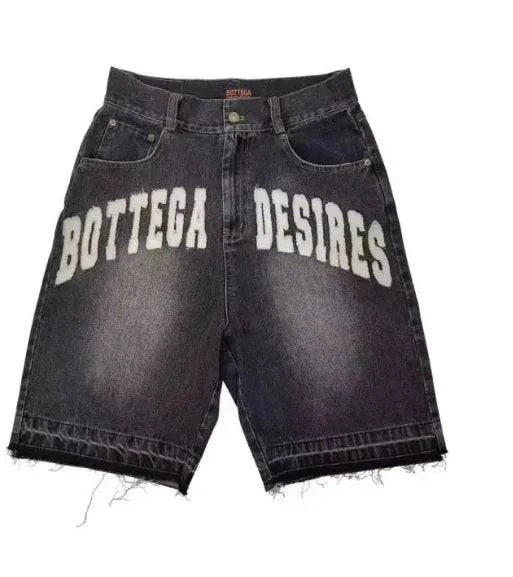 Unisex Retro Letter Embroidered Denim Shorts - Rafaga1