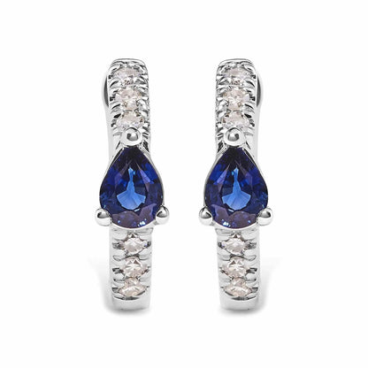 10K White Gold Pear Shaped Blue Sapphire and 1/10 Cttw Diamond Huggy Hoop Earrings (H-I Color, I1-I2 Clarity) - Rafaga1