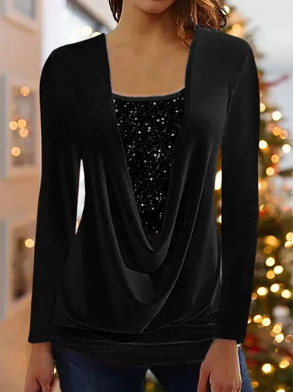 Sequin-Stitched U-Neck Long-Sleeve Top - Rafaga1