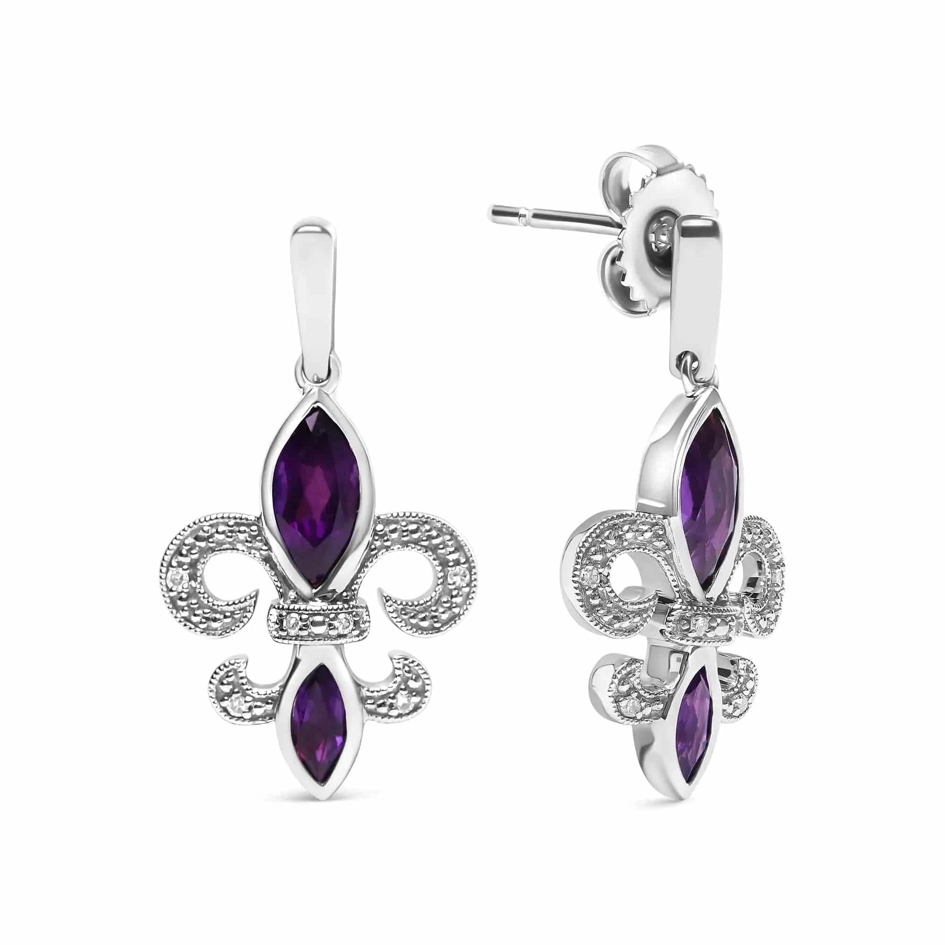 .925 Sterling Silver Marquise Cut Amethyst and Diamond Accent Fleur De Lis Dangle Stud Earrings (H-I Color, SI1-SI2 Clarity) - Rafaga1