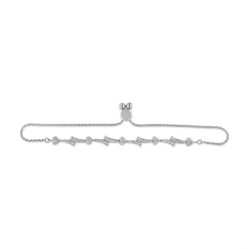 925 Sterling Silver Diamond Heart & Wave Link Bolo Bracelet, Adjustable 6"-9" (I-J Color, I2-I3 Clarity) - Rafaga1