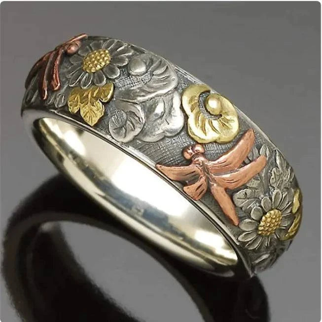 Vintage Dragonfly & Sunflower Carved Ring - Rafaga1