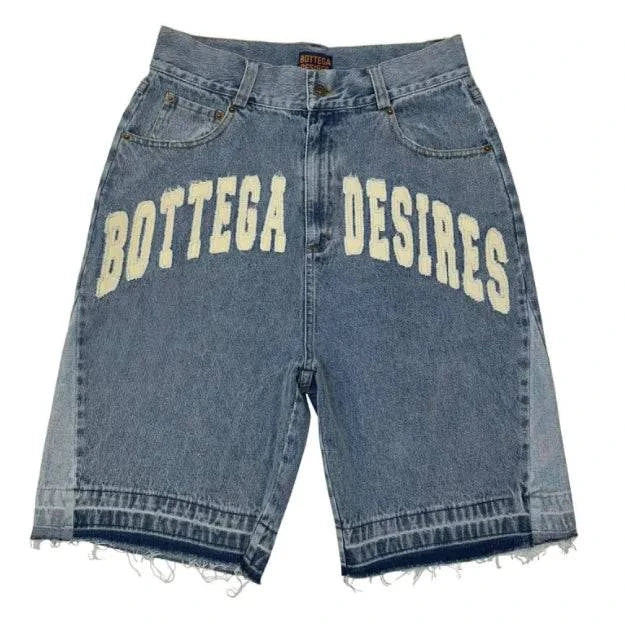 Unisex Retro Letter Embroidered Denim Shorts - Rafaga1