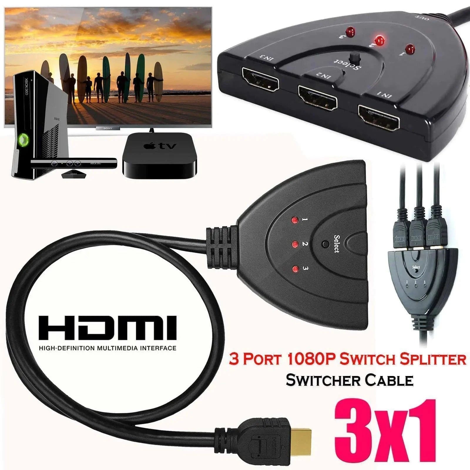 3 Port HDMI Splitter Cable 1080/4K Switch Switcher HUB Adapter for HDTV PS4 Xbox - Rafaga1