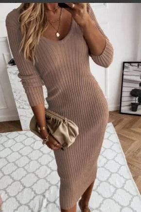 Women's Fashion Knitted U-neck Long-sleeved Tight-fitting Dress - Rafaga1