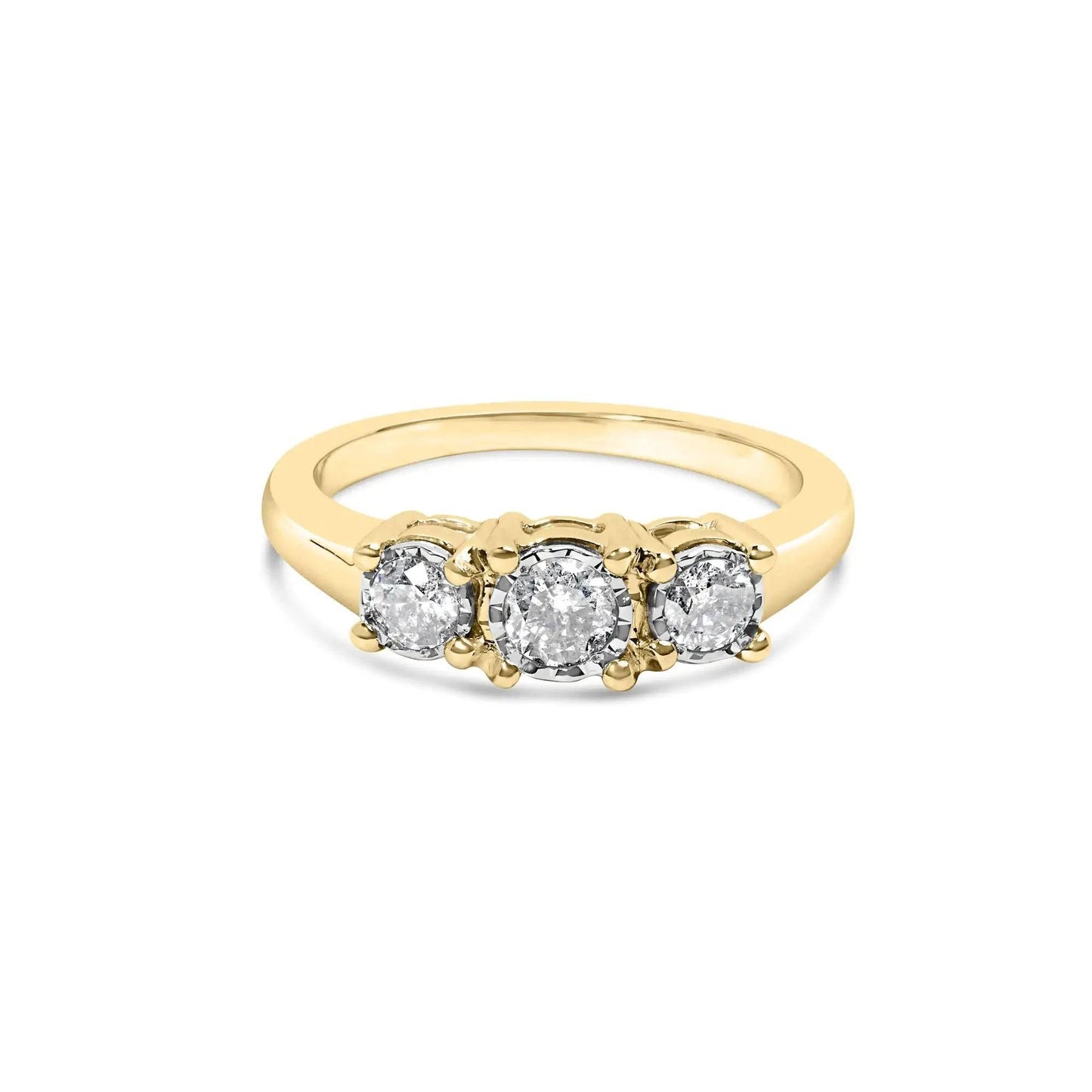 10K Yellow Gold 1/2 Cttw Miracle Set Round Diamond Three Stone Illusion Plate Ring (I-J Color, I2-I3 Clarity) - Rafaga1