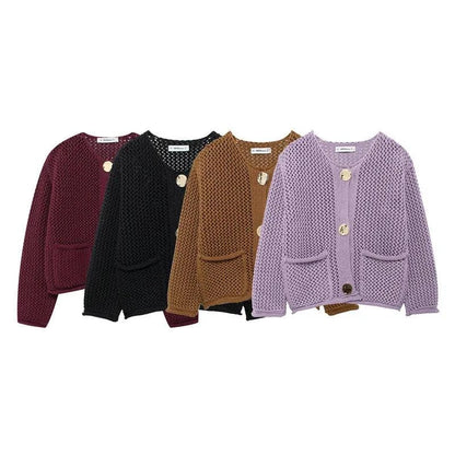 Women's Fashion Pocket Round Neck Knit Coat - Rafaga1