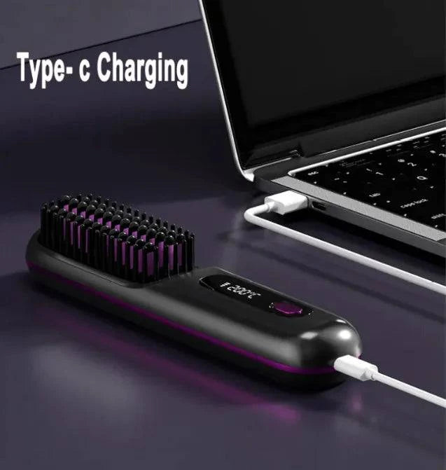 2 In 1 Straight Hair Comb Wireless Hair Straightener Brush Hair Fast Heating Portable Hot Curler USB Charging - Rafaga1