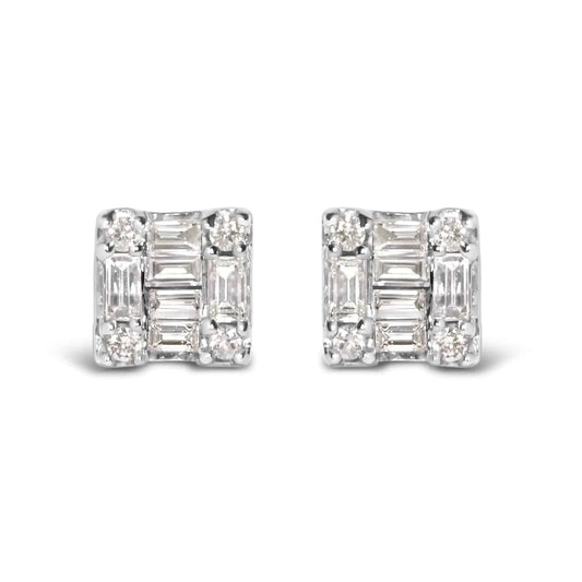 10K White Gold 1/7 Cttw Round and Baguette Diamond Mosaic Square Stud Earrings (H-I Color, I1-I2 Clarity) - Rafaga1